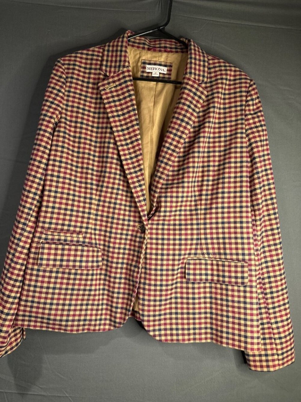 Merona Womens 16 Plaid Blazer Burgundy Navy Dark Academia Preppy Equestrian